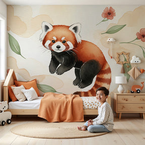 Red panda mural wallpaper in modern baby nursery with white crib by Kids-Mundo