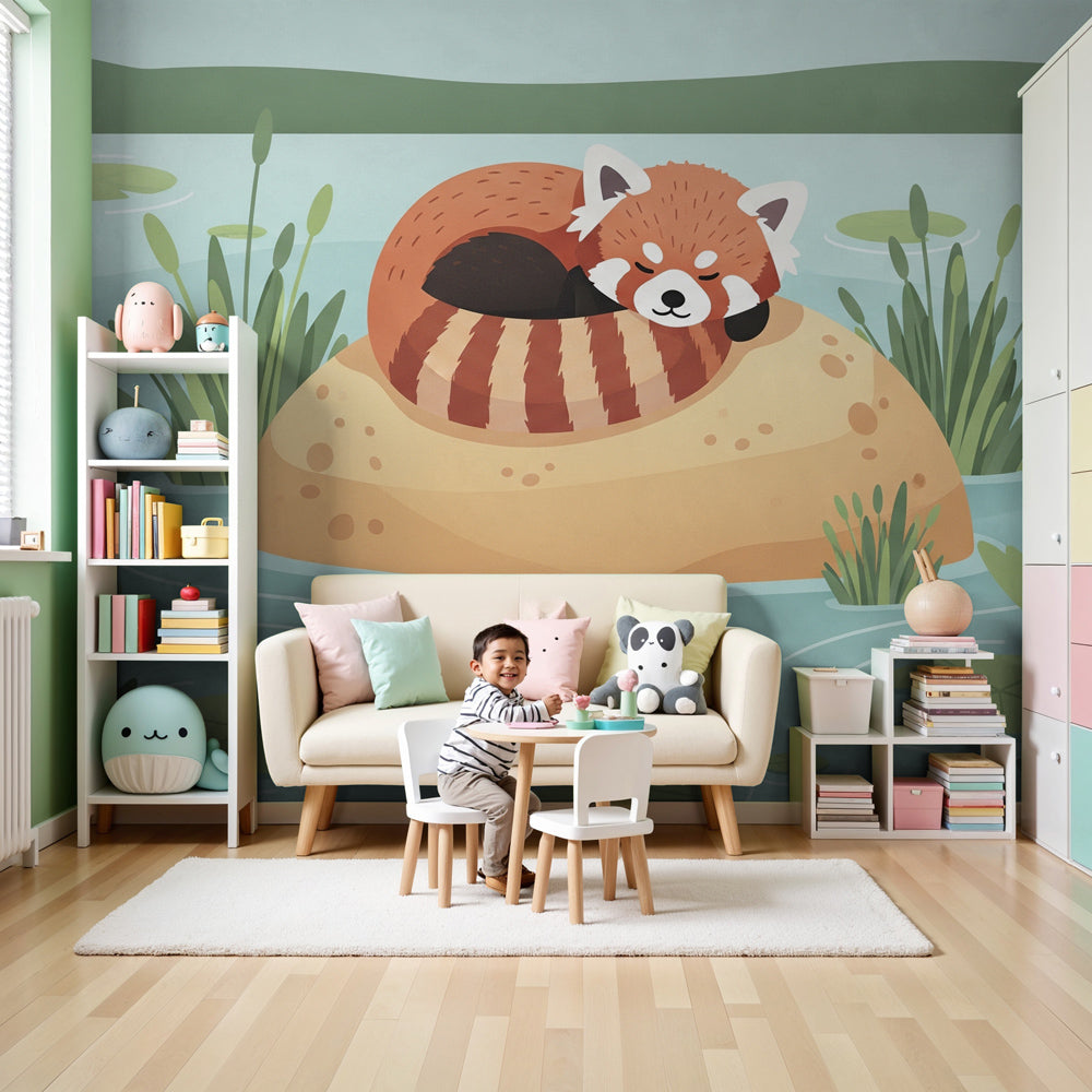 Red panda mural wallpaper creating peaceful nursery decor with natural forest theme by Kids-Mundo