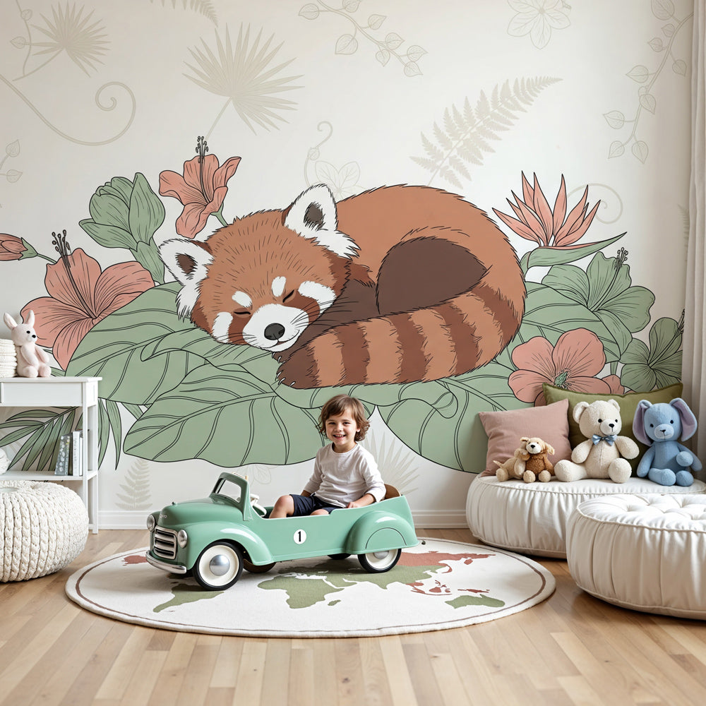 Red panda mural wallpaper creating peaceful atmosphere in modern nursery room by Kids-Mundo
