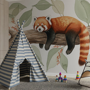 Red panda mural wallpaper with tropical foliage for serene nursery decor by Kids-Mundo
