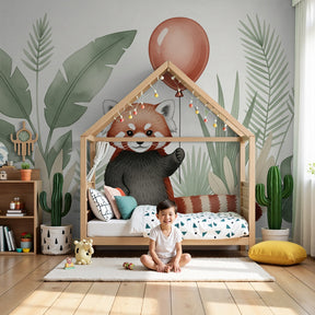 Red panda mural wallpaper with tropical leaves in modern nursery by Kids-Mundo