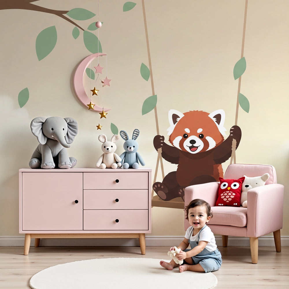 Red panda swinging mural wallpaper in cozy nursery with natural wood crib by Kids-Mundo