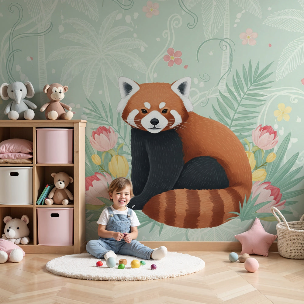 Red panda tropical jungle mural wallpaper in modern nursery setting by Kids-Mundo