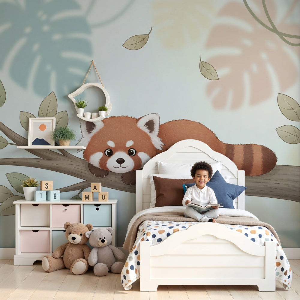 Red panda mural wallpaper creating peaceful nursery decor with natural forest theme by Kids-Mundo
