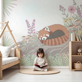 Red panda mural wallpaper creating magical nursery decor with sleeping panda in forest garden by Kids-Mundo