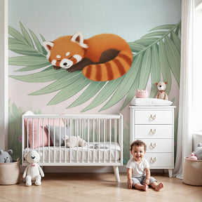 Red panda mural wallpaper creating peaceful nursery decor with pastel nature theme by Kids-Mundo