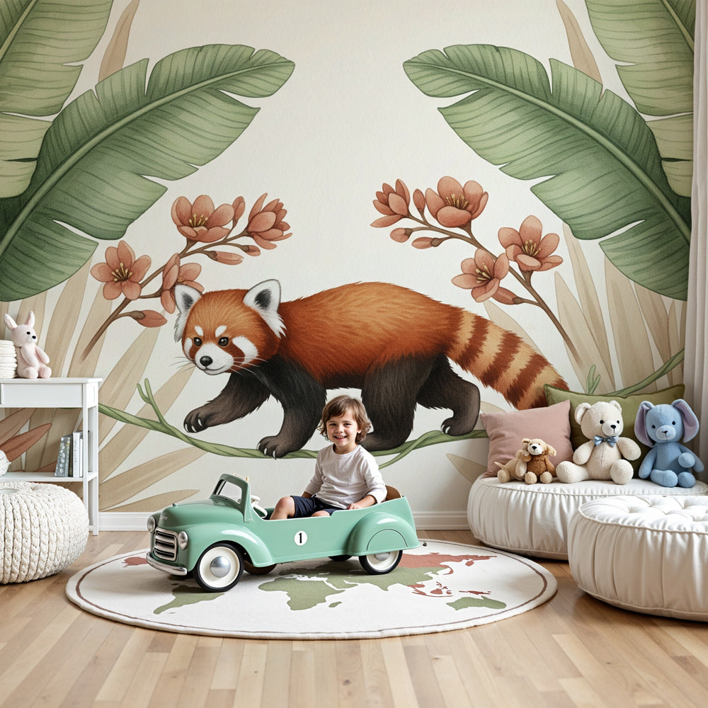 Red panda tropical jungle mural wallpaper in modern nursery room by Kids-Mundo