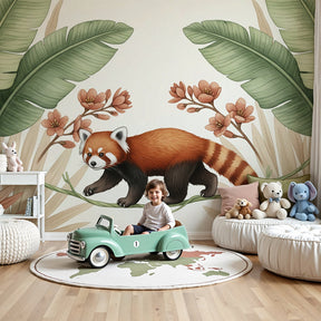 Red panda tropical jungle mural wallpaper in modern nursery room by Kids-Mundo