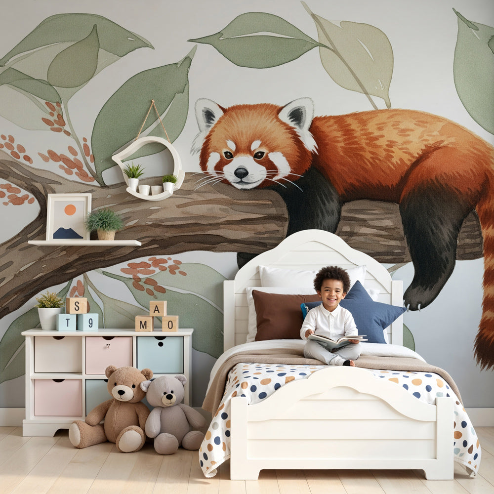Red panda mural wallpaper creating peaceful tropical nursery atmosphere by Kids-Mundo