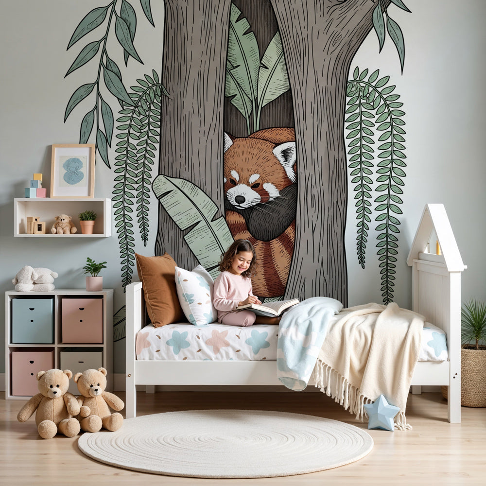 Red panda mural wallpaper in cozy nursery setting with wooden crib by Kids-Mundo