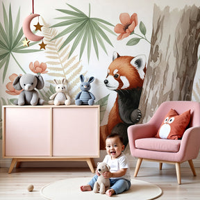 Red panda jungle mural wallpaper in modern nursery with natural wood furniture by Kids-Mundo