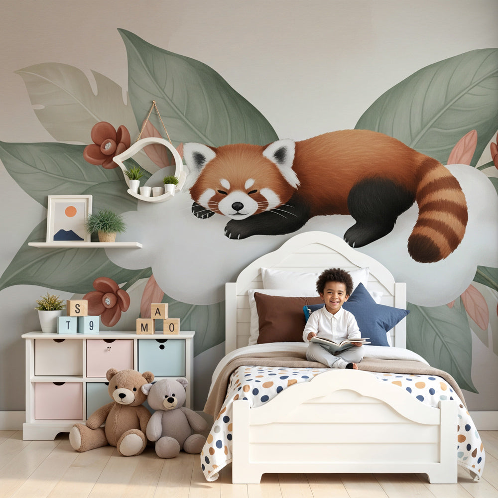 Red panda mural wallpaper in peaceful baby nursery with natural wood crib by Kids-Mundo