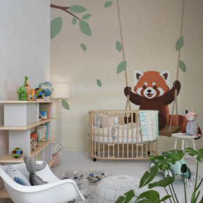 Forest animal mural wallpaper featuring red panda on swing for kids room by Kids-Mundo