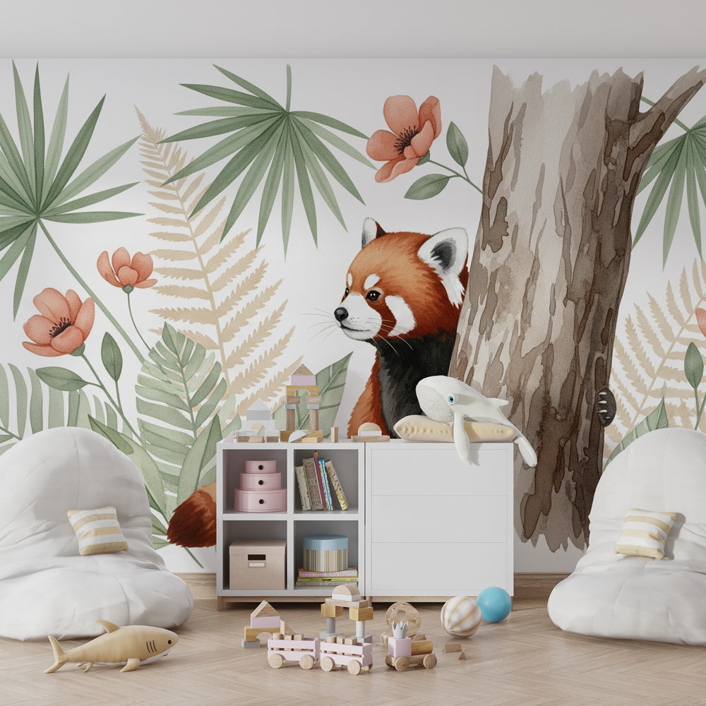 Jungle themed red panda mural wallpaper transforming playroom into wildlife sanctuary