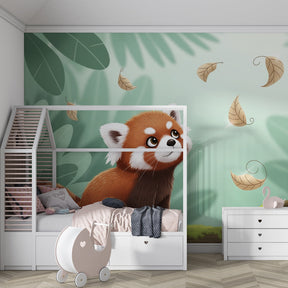 Red panda mural wallpaper with falling leaves design for children's playroom by Kids-Mundo