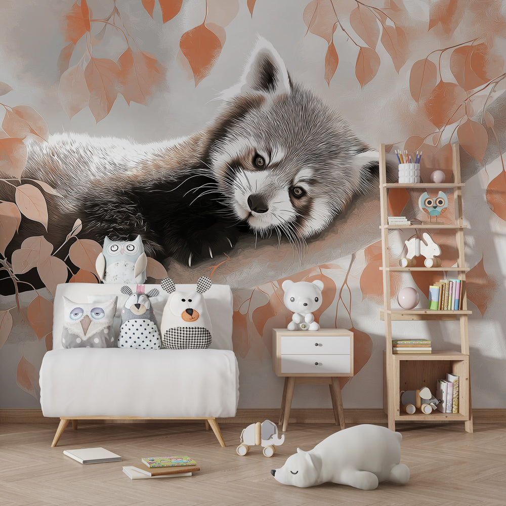 Forest animal wallpaper with red panda creating warm educational play space for kids