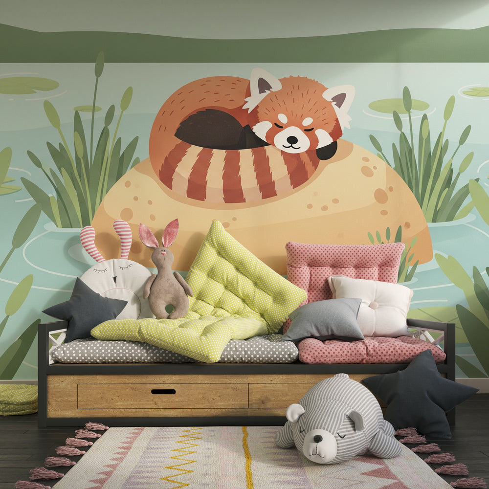 Nature-themed red panda mural wallpaper transforming kids playroom into tranquil forest sanctuary