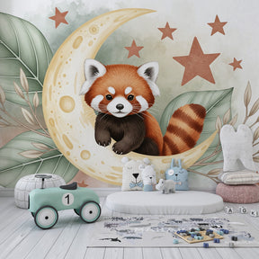 Red panda celestial mural wallpaper transforming kids playroom into magical space