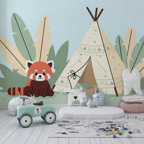 Whimsical red panda and tipi mural wallpaper transforming kids playroom into adventure space