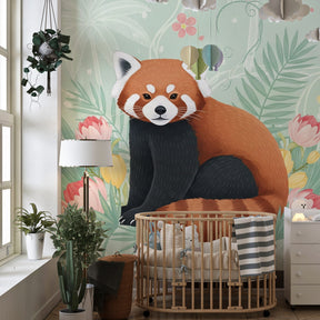 Jungle animal mural wallpaper with red panda transforming kids playroom space
