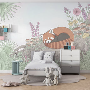 Nature-themed red panda wallpaper in kids playroom showing woodland garden with flowers and mushrooms