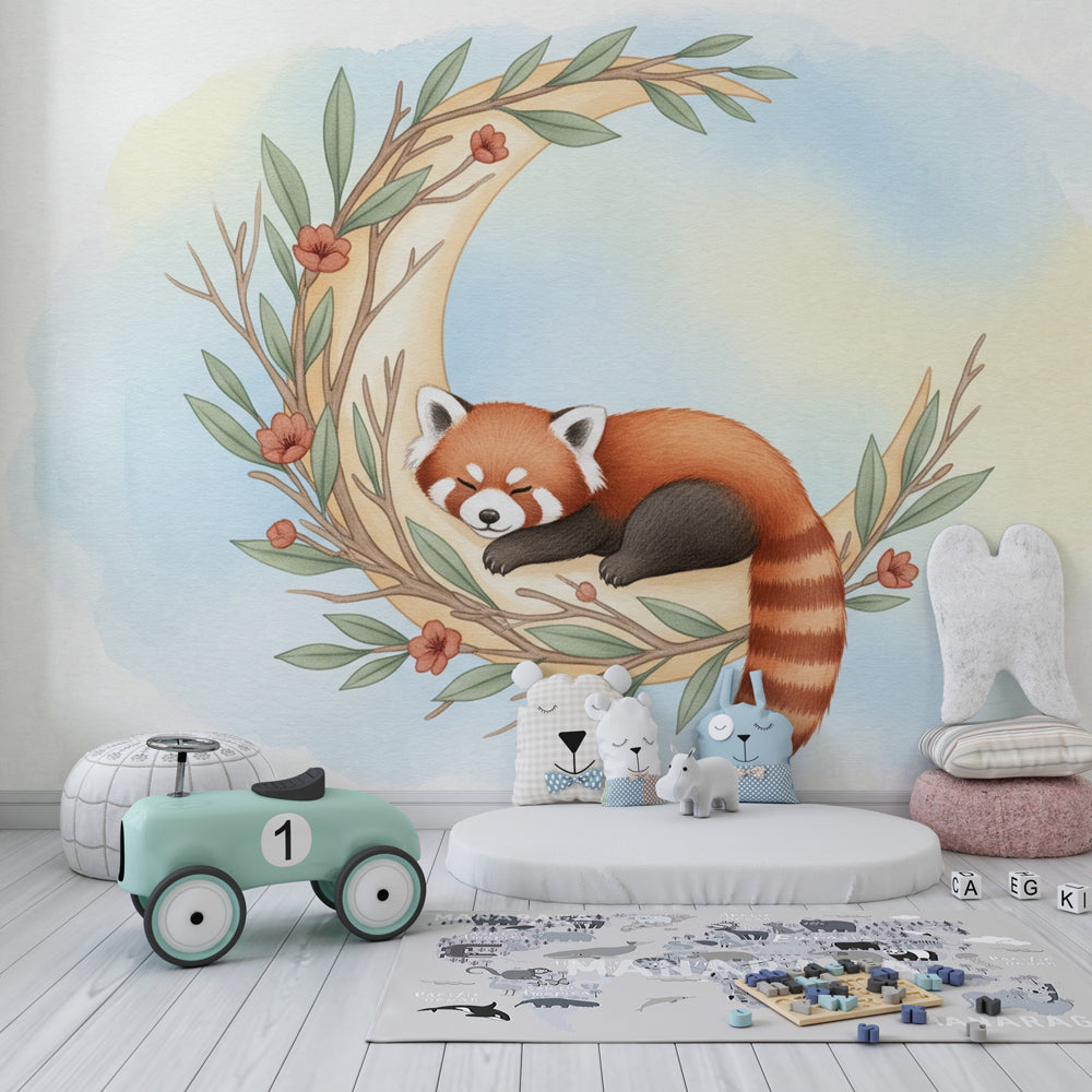 Red panda sleeping on moon mural wallpaper in cozy children's reading nook