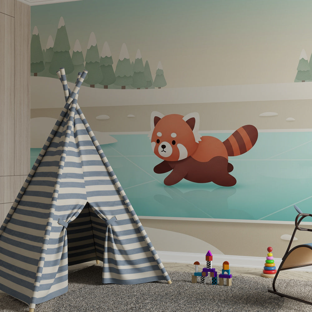 Red panda frozen lake wallpaper transforming kids room into winter wonderland