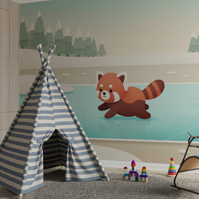 Red panda frozen lake wallpaper transforming kids room into winter wonderland