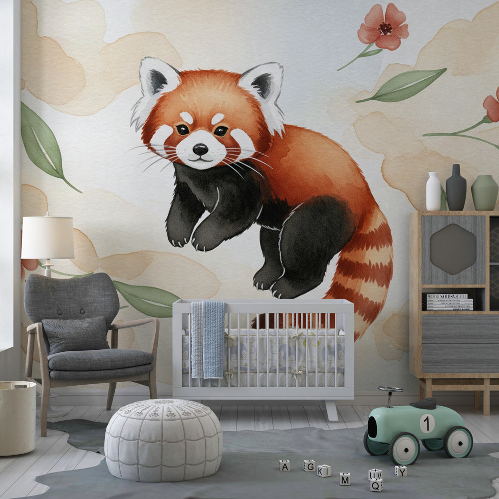 Playful red panda wallpaper creating cozy toddler bedroom atmosphere with pastel decor