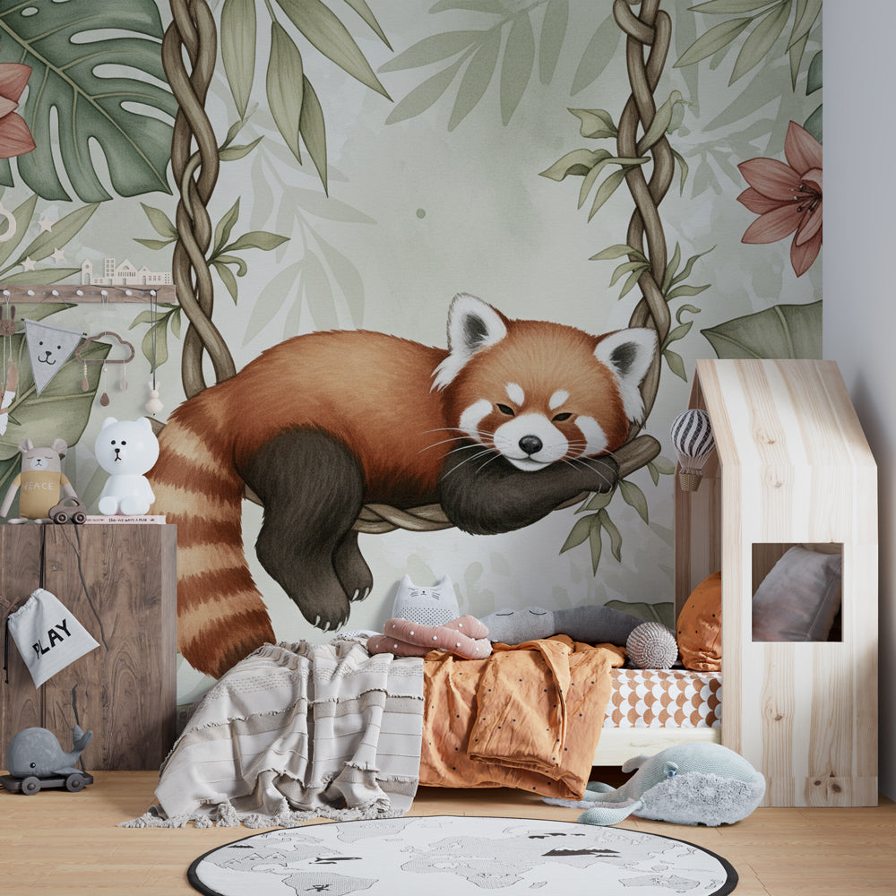 Nature-inspired red panda mural wallpaper transforming toddler room into forest sanctuary