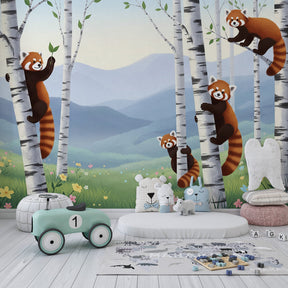 Enchanted birch forest with red pandas mural wallpaper for toddler room by Kids-Mundo