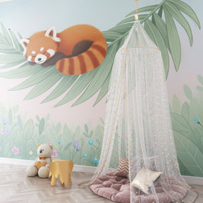 Nature-themed red panda mural wallpaper transforming toddler room into serene forest retreat