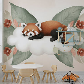 Woodland themed nursery featuring red panda mural wallpaper with botanical elements