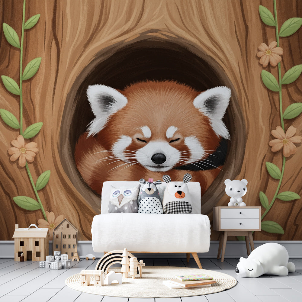 Peaceful red panda wallpaper creating woodland sanctuary in children's room by Kids-Mundo