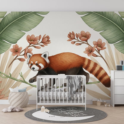 Kids-Mundo red panda walking wall mural with banana leaves shown in a playroom