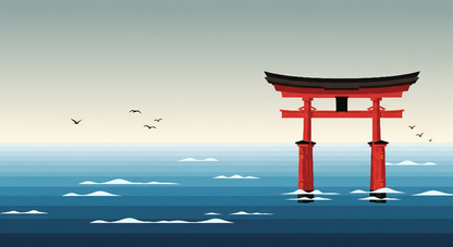 Kids-Mundo flat artwork of a red torii gate standing in a tranquil sunset sea.