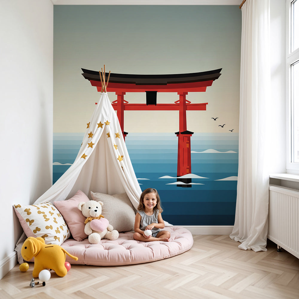 Kids-Mundo red torii gate wall mural shown in a calm, softly lit nursery room.