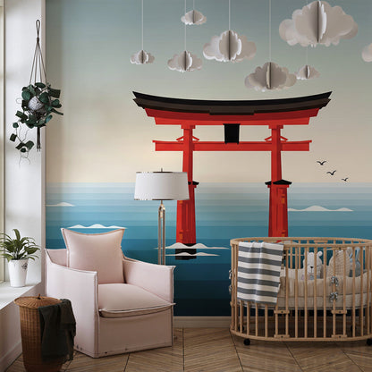 Kids-Mundo red torii gate sea wall mural styled in a bright children's playroom.