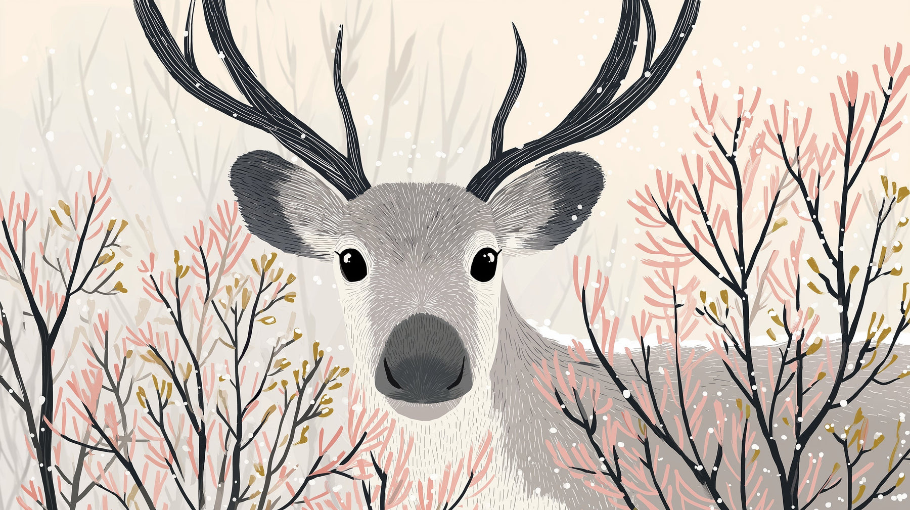 Detailed winter reindeer mural wallpaper design pattern with flowering branches and gentle deer by Kids-Mundo