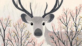 Detailed winter reindeer mural wallpaper design pattern with flowering branches and gentle deer by Kids-Mundo