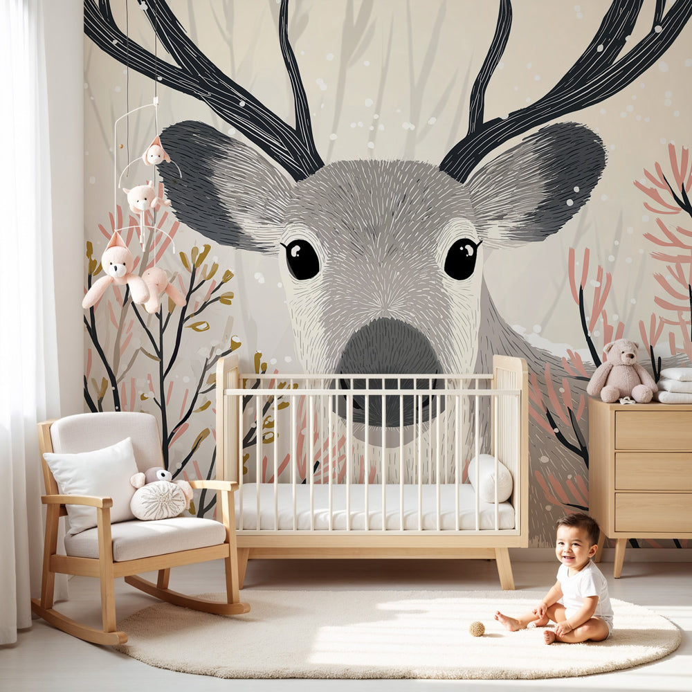 Winter reindeer mural wallpaper creating peaceful nursery decor with soft pink flowering branches by Kids-Mundo