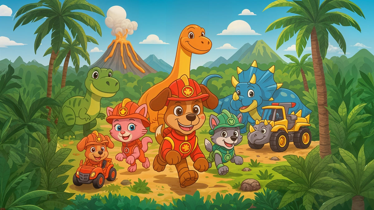 Rescue Pup Friends on a Dinosaur Jungle Adventure Wall Mural