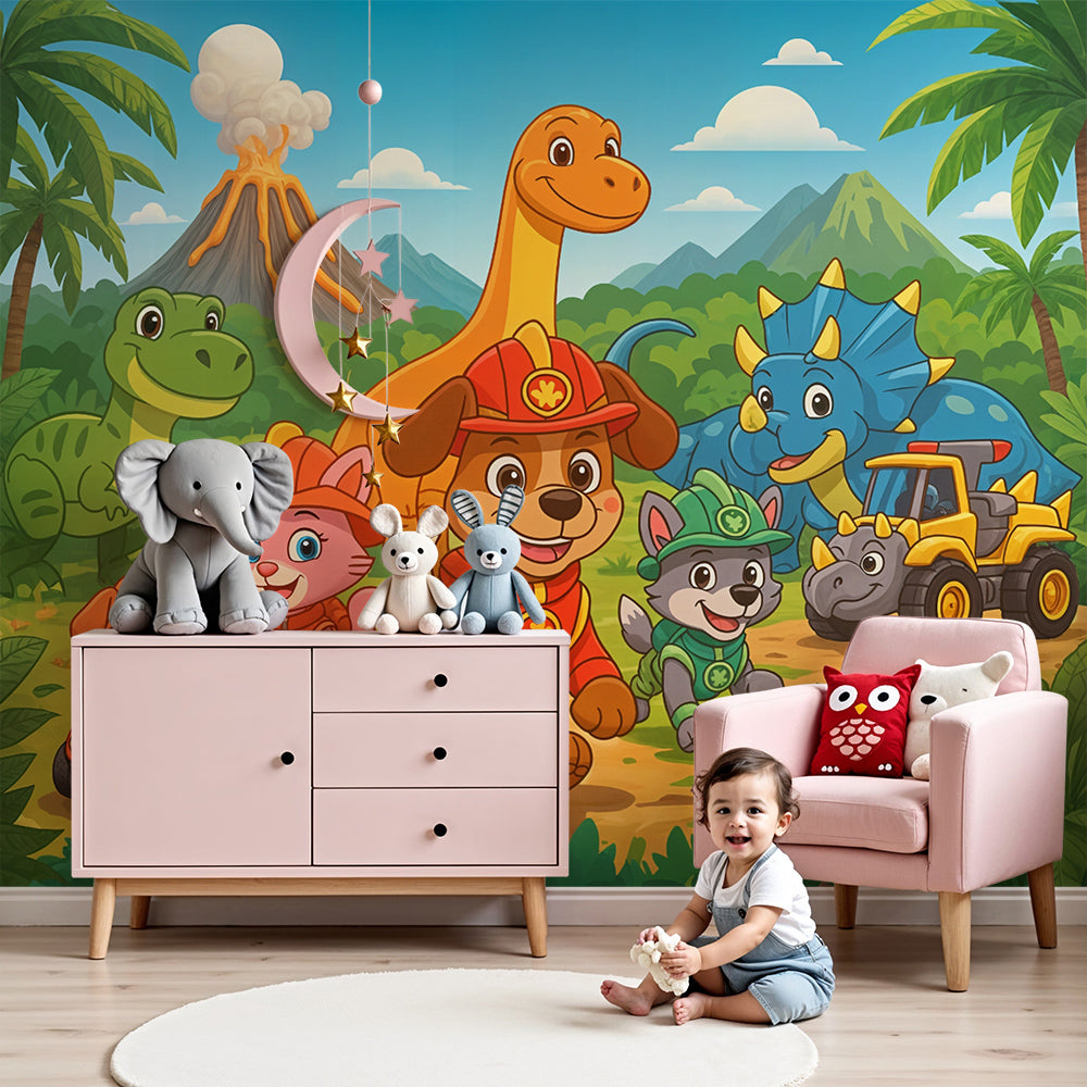 Rescue pup dinosaur jungle wall mural by Kids-Mundo styled in a bright nursery
