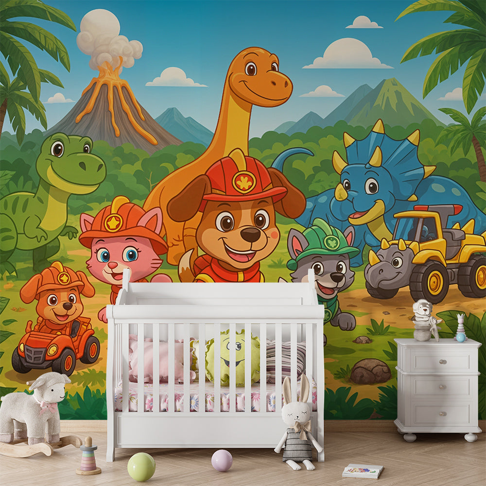 Dinosaur jungle adventure wall mural by Kids-Mundo brightening a children's playroom