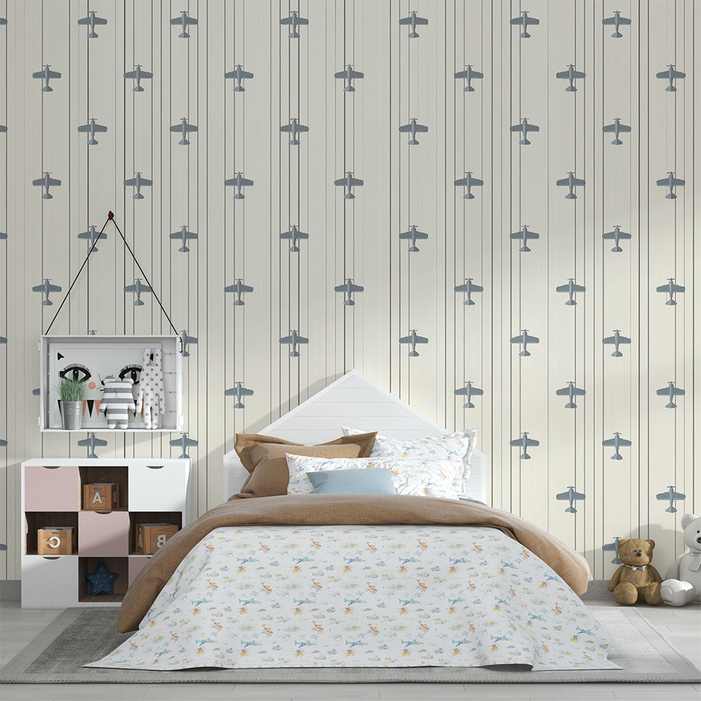 Kids-Mundo vintage aeroplane pattern wall mural styling a cosy children's bedroom.
