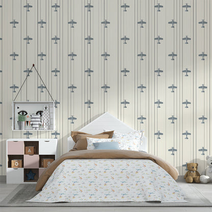 Kids-Mundo vintage aeroplane pattern wall mural styling a cosy children's bedroom.