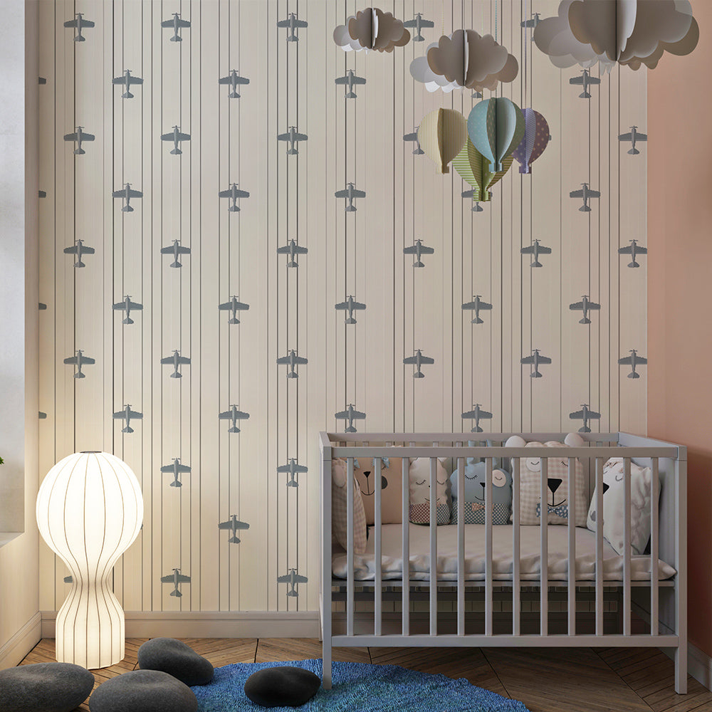 Kids-Mundo aeroplane wall mural adding classic charm to a bright playroom wall.
