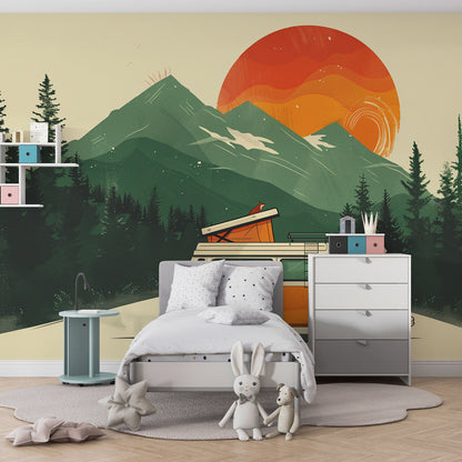 Retro mountain sunset wall mural with camper van in a playroom, Kids-Mundo
