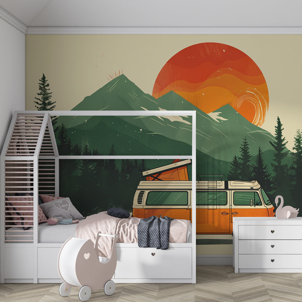 Kids-Mundo campervan and pine forest wall mural in a children's bedroom, adding a retro travel theme above the bed.