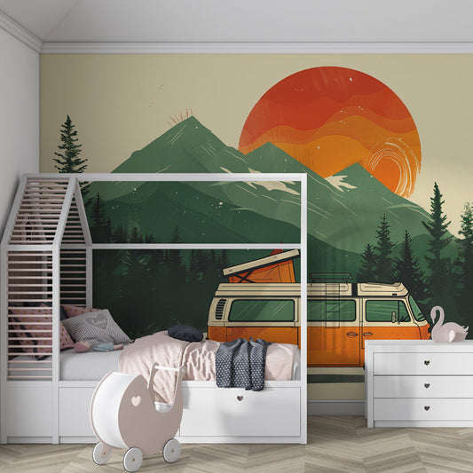 Kids-Mundo campervan and pine forest wall mural in a children's bedroom, adding a retro travel theme above the bed.
